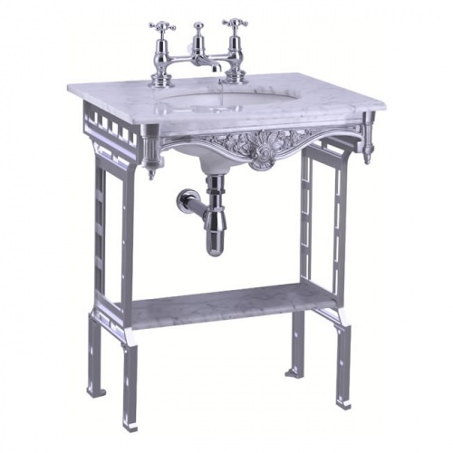 Carrara marble top & basin with brushed aluminium washstand (shown with back and side splash)